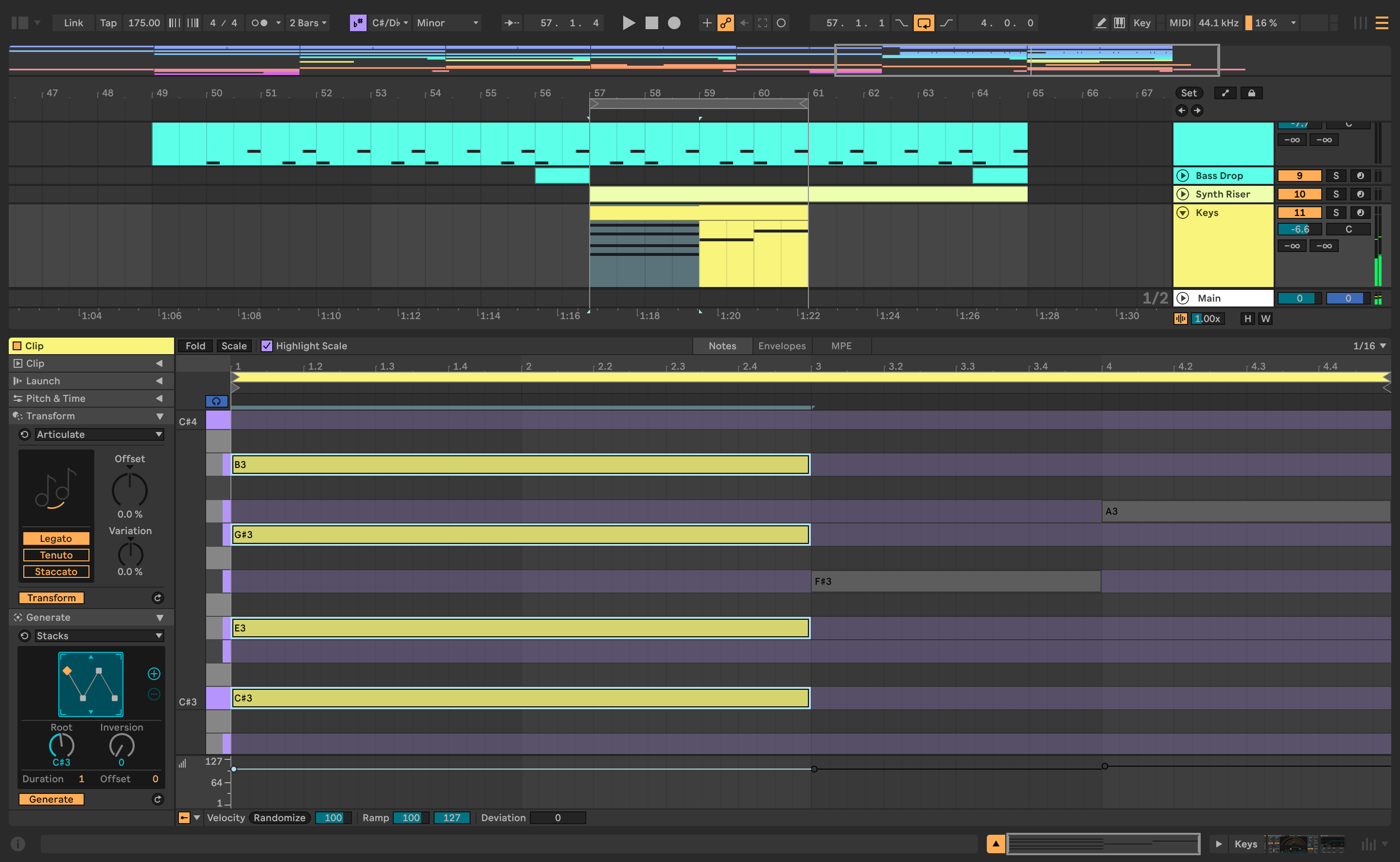 Ableton Live 12 MIDI transformation controls applied to a MIDI pattern