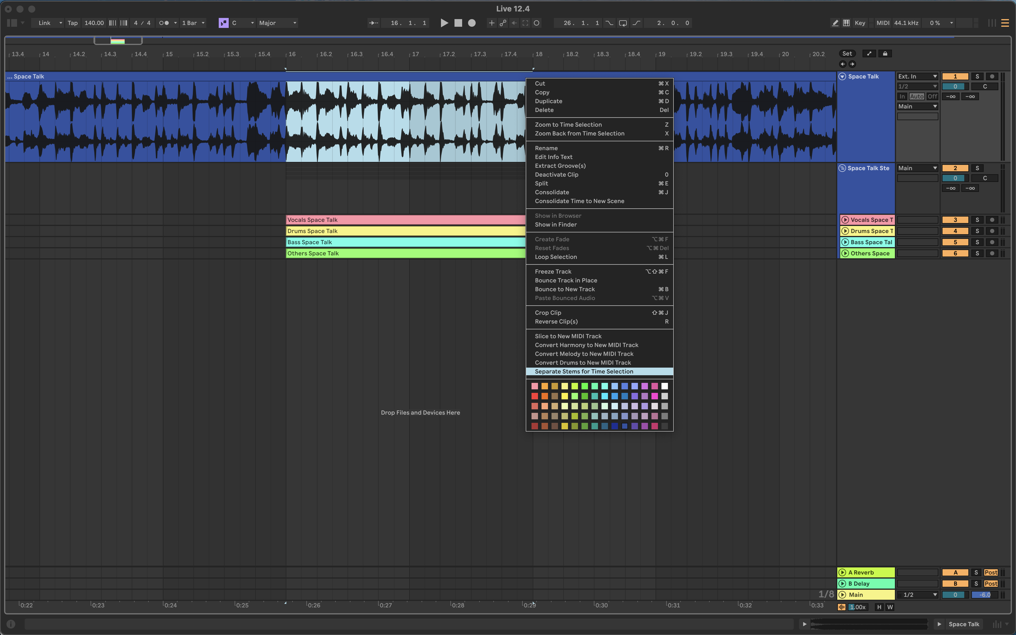 Ableton Live 12.4 showing stem separation for a selected part of an audio clip