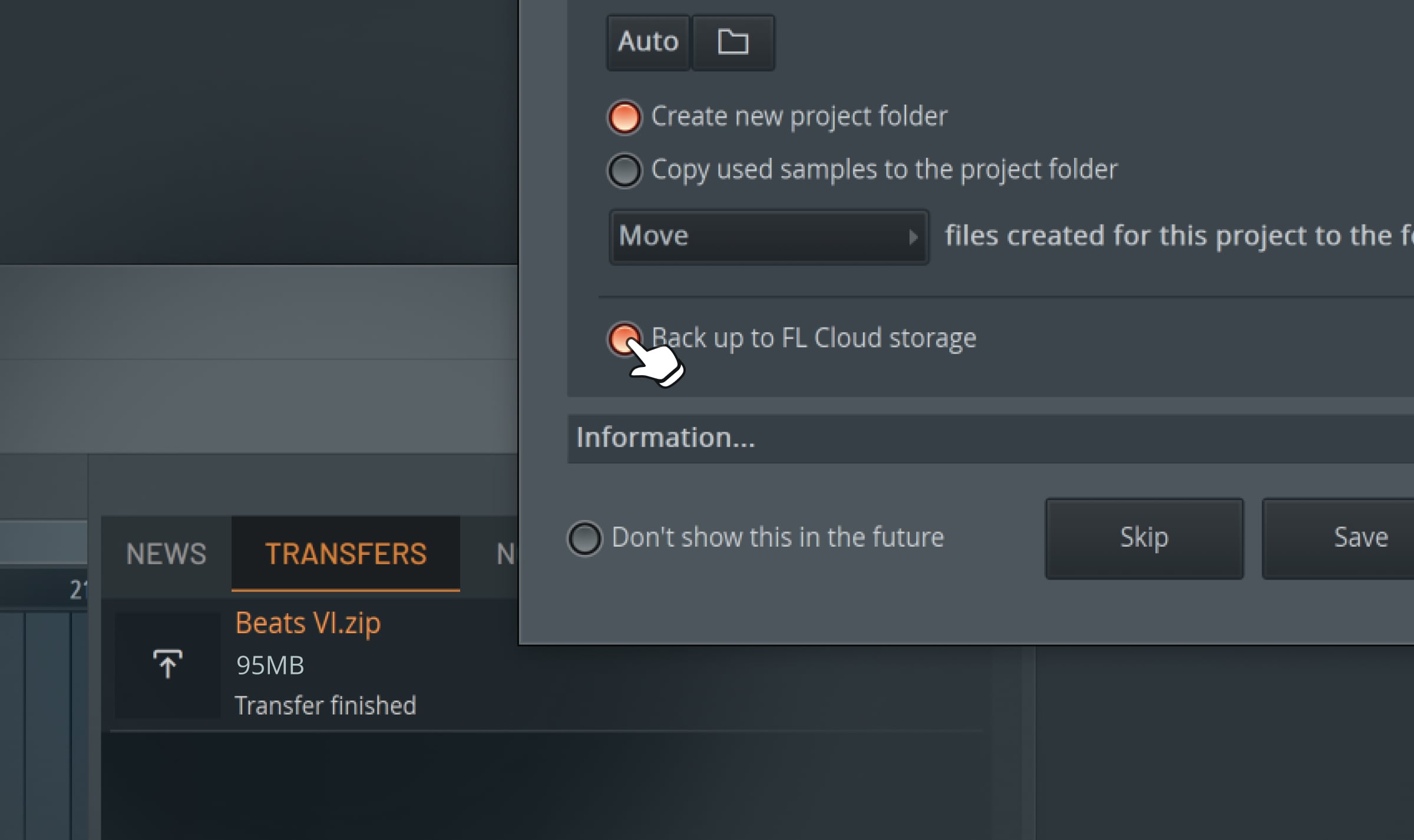 FL Studio project dialog with the FL Cloud storage backup option enabled
