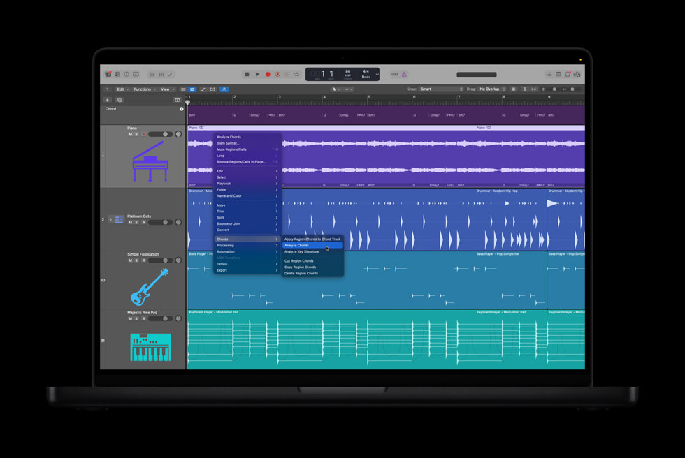 Logic Pro Chord ID analysis displayed on a MacBook Pro