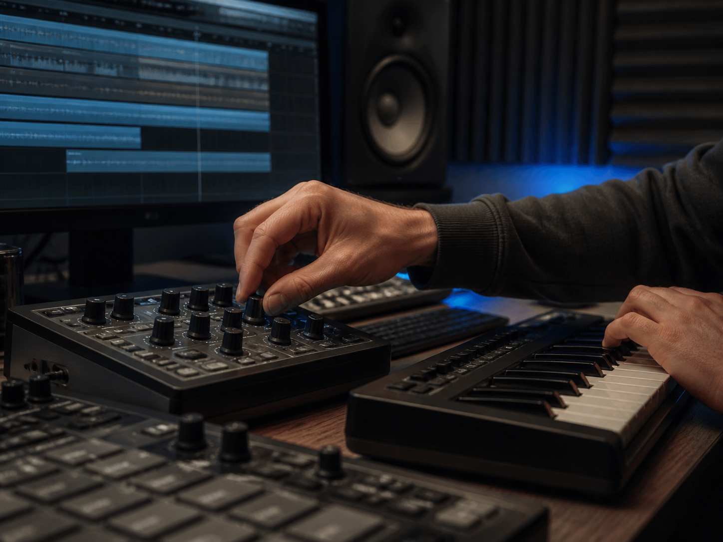 Hands shaping a music project with a MIDI keyboard and controller