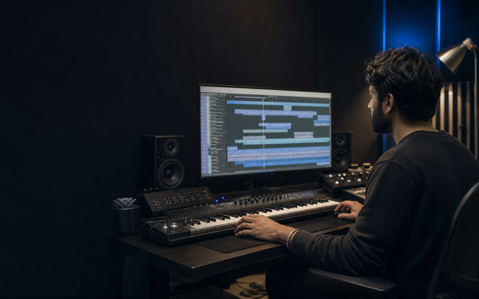 Music producer working on a track in a recording studio
